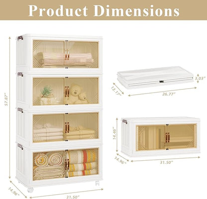 Storage Bins with Lid, 120 Gal/480 Qt Capacity, 4 Pack Large Stackable Storage Bins with Lid, White Collapsible Lidded Bins with Wheels, Customizable, Foldable, for Home Organization