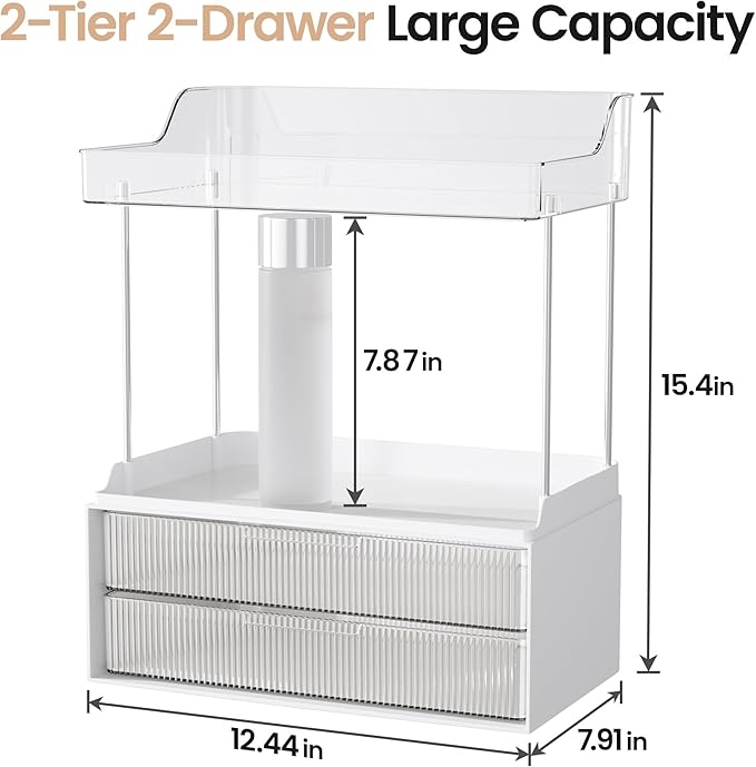 Delamu Bathroom Organizers and Storage, 2 Tier 2 Drawer Makeup Organizer Countertop, Easy to Install, Ideal for Bathroom Counter, Vanity, Clear