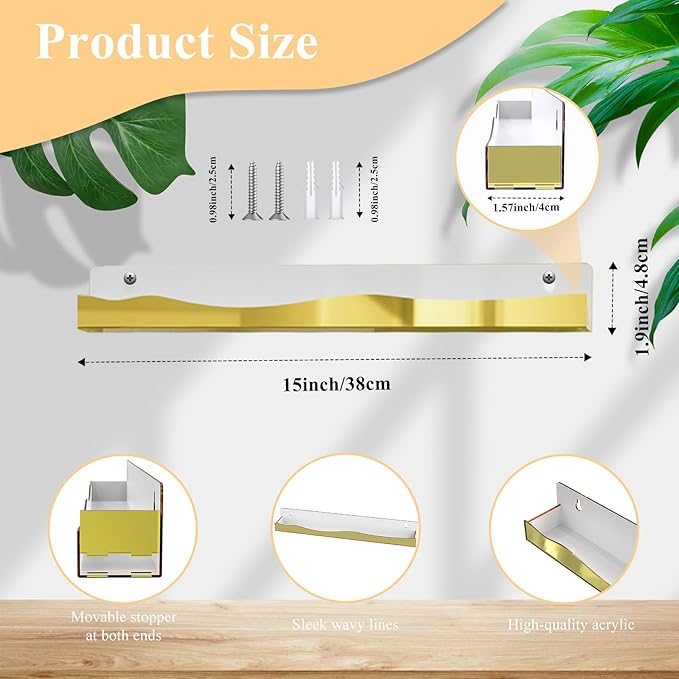6 Pack Wall Mounted Acrylic Nail Polish Organizer Rack 15 Inch Gold Mirror Nail Polish Shelf with Removable Ends Multi-Purpose Shelf for Essential Oils Cosmetics Storage Display for Salon Bathroom