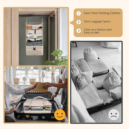 Surblue Hanging Closet Storage Bag Collapsible 3-Shelf Washable Oxford Fabric with 2 Hooks (L 11.41 * 11.41 * 19.68in, Beige)