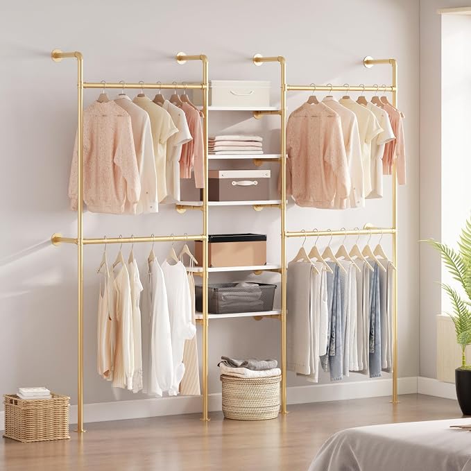 Industrial Pipe Clothing Racks with 5 Shelves, Wall Mounted Gold Clothes Rack for Hanging Clothes, Gold Wall Clothing Rack, Heavy Duty Clothes Rack for Walk in Closet, Laundry Room