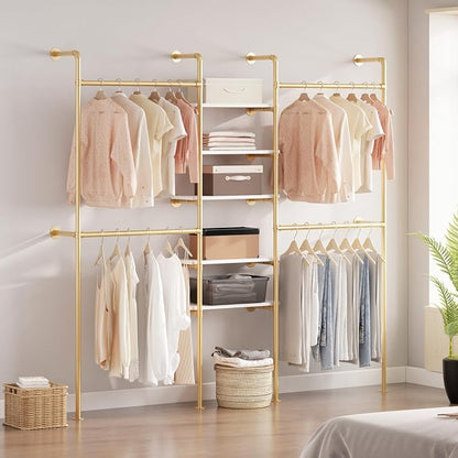 Industrial Pipe Clothing Racks with 5 Shelves, Wall Mounted Gold Clothes Rack for Hanging Clothes, Gold Wall Clothing Rack, Heavy Duty Clothes Rack for Walk in Closet, Laundry Room