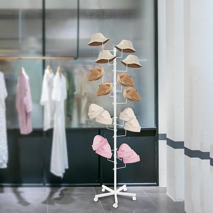 Hat Rack with 16 Circular Hooks, Metal Hat Display Stand, Freestanding Rotating Hat Stand, Adjustable Large Hats Display Rack, Modern Floor Wig Rack for Home Retail Store (White)