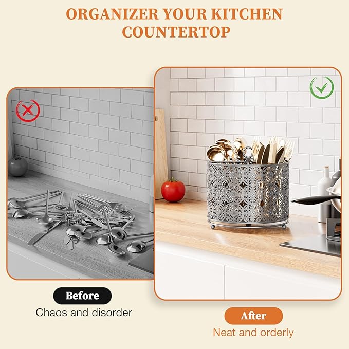 YIUKEA Rotating Utensil Caddy Countertop - Higher Raised Cutlery Caddy Holder - Metal Silverware Caddy Organizer with 4 Compartment for Kitchen Counter Party Office Silver