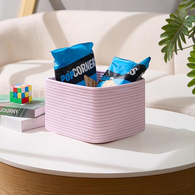 MiniArk Small Organizing Baskets for Cubes Shelf, 9.7x9.7x7.1 Inch Rope Woven Storage Bins for Nursery Shelves Storage, Cute Toy Basket, Square 3 Packs Light Pink