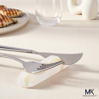 Marble White Onyx Utensil Rest Piece 3" H, Ideal for Organizing Spoons and Forks, 4" Cutlery Rest Holder, Modern Kitchen Accessory, Perfect for Everyday Use.