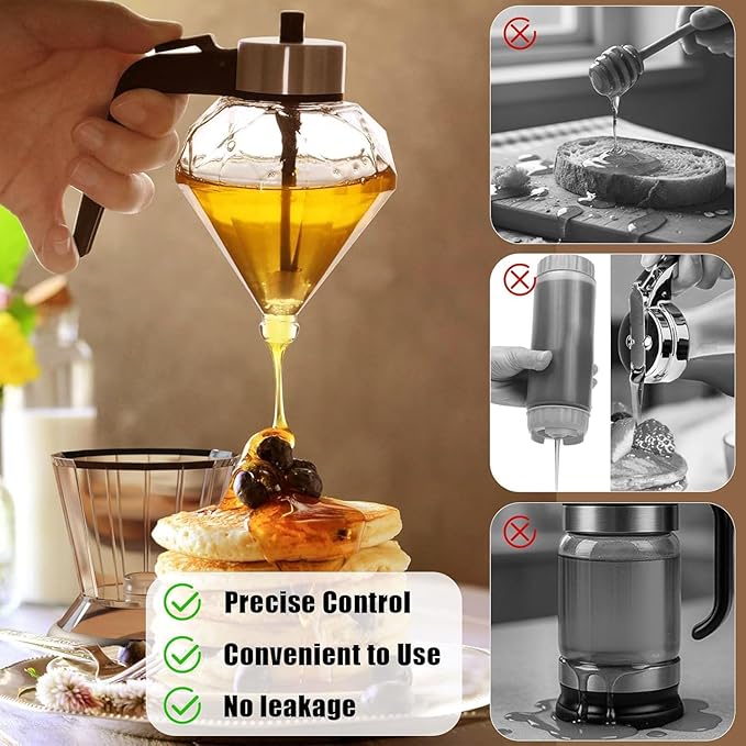 Honey Dispenser No Drip with Base, 6.8oz Glass Honey Jar pot with Handle, Syrup Dispenser for Coffee or Tea, Mess Free Honey Dispenser for Honey Syrup Olive Oil, Maple Syrup Honey Container