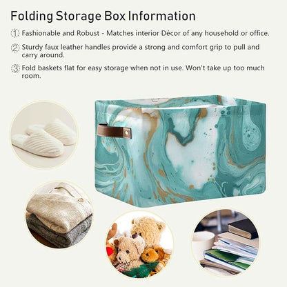 Turquoise Marble Texture Basket Bin Large Storage Basket Toy Basket Canvas Storage Basket Clothes Basket Decorative Basket for Home Office (15x11x9.5inch,2PACK)