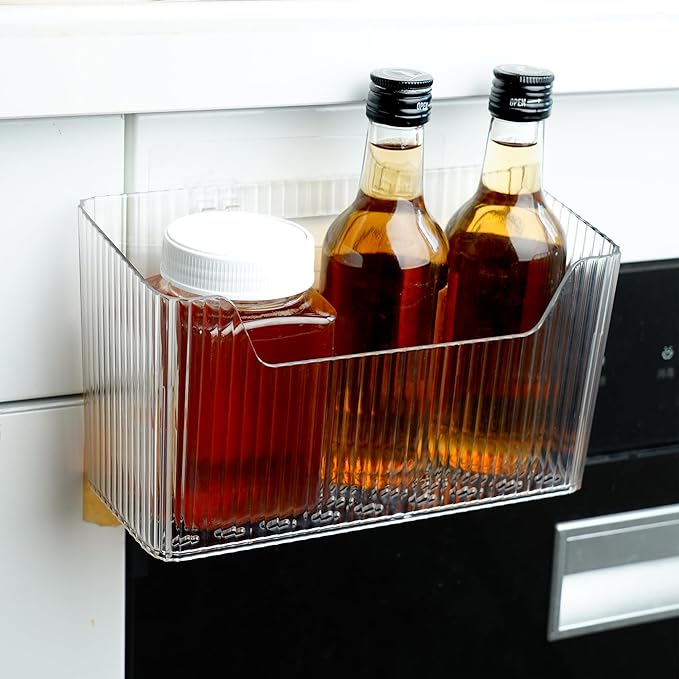 2 Pack Cabinet Door Organizer, Adhesive Wall Mounted Organizer Bins, Clear Storage Caddy, Stackable Basket for Kitchen Cabinets, Bathroom, Pantry, Office, and Tabletop Organization