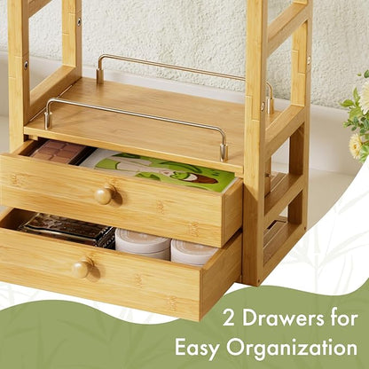 AmazerBath Bamboo Bathroom Countertop Organizer, 2-Tier Makeup Organizer with 2 Drawers, Vanity Organizer Storage Coffee Matcha Station, Compact Shelf for Bathroom Kitchen Office