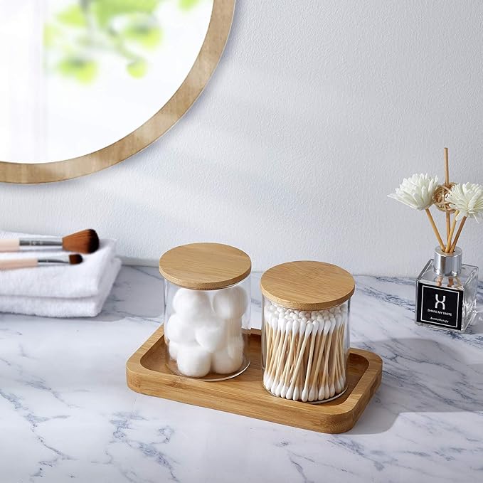 INIUNIK Qtip Holder with Bamboo Vanity Tray, Glass Apothecary Jars with Lids, Cotton Ball Swab Pad Rounds Holder Bathroom Canister Jars for Bathroom Restroom Decorations and Organizer