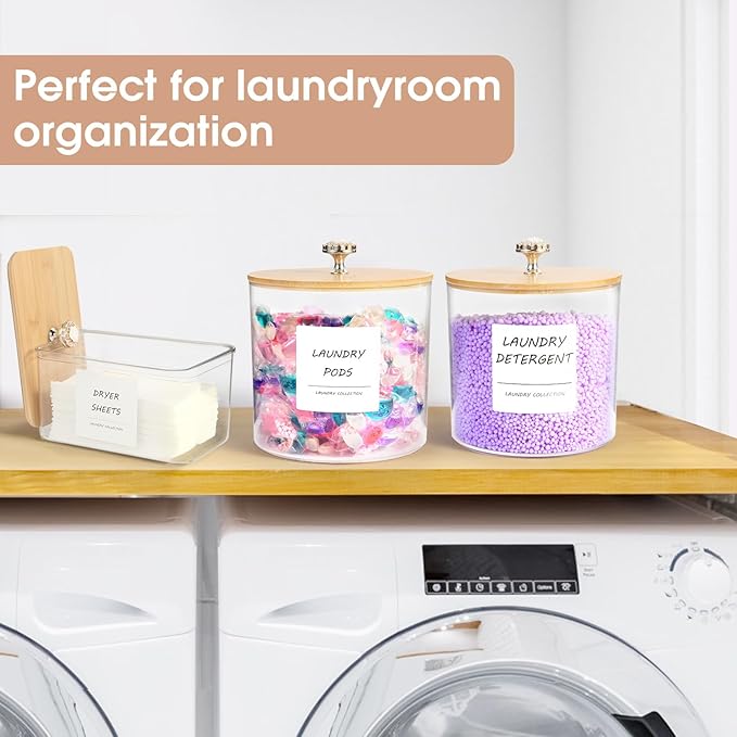 3 Pack Laundry Room Organization Storage Containers, Plastic Clear Laundry Pods Container & Dryer Sheet Holder Jars with Lids, Scoops & Labels for Detergent, Powder, Dryer Balls, Beads
