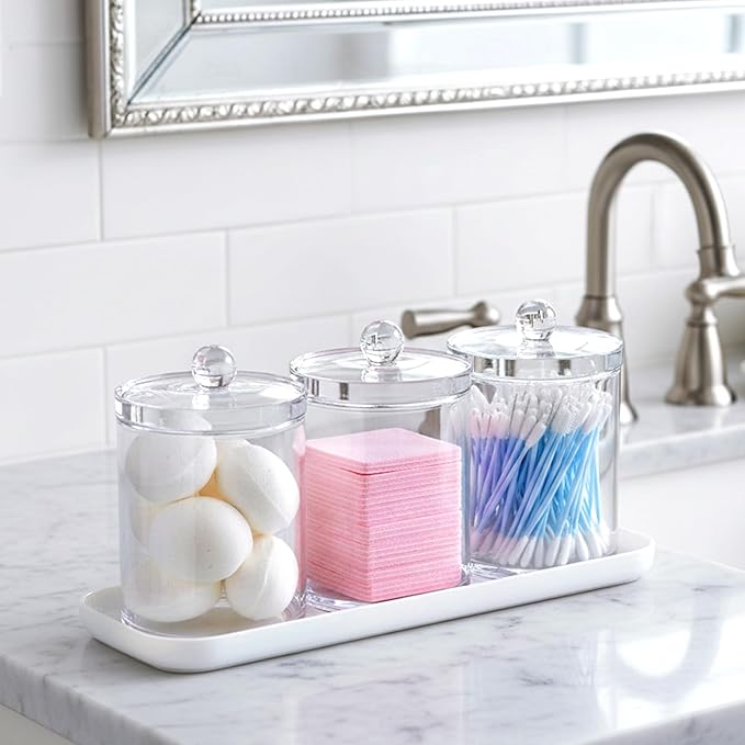 Amazing Abby - Catalina - Clear Acrylic Bathroom Canister with White Tray (4-Piece Set), Plastic Apothecary Jars with Lids, Bathroom Organizers for Q-tips, Cotton Balls, Floss Picks, Sponges, and More