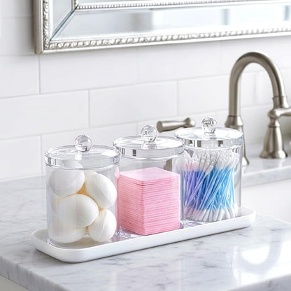Amazing Abby - Catalina - Clear Acrylic Bathroom Canister with White Tray (4-Piece Set), Plastic Apothecary Jars with Lids, Bathroom Organizers for Q-tips, Cotton Balls, Floss Picks, Sponges, and More