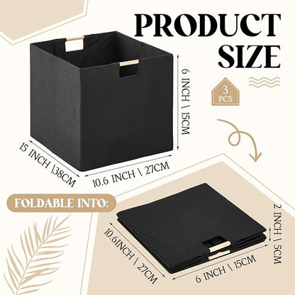 Cinnvoice 3 Pack Fabric Storage Bins for Closet Shelves, Rectangle Wardrobe Organizer with Handle, Collapsible Shelves Storage Basket for Sorting Clothes and Toy (Black,13 x 13 x 13 Inch)
