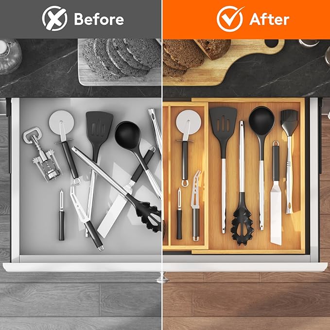 Lifewit Utensil Organizer for Kitchen Drawer, Expandable Cooking Utensil Tray, Cutlery Silverware Flatware Holder, Wood Adjustable Spatula Tools Storage Divider, 30-55 x 40cm, Natural