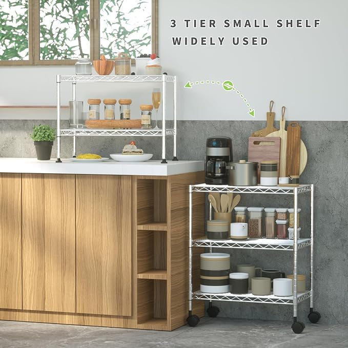 Wire Shelving 32" H x 23W x 13D Storage Shelf with Wheels Adjustable 3 Tier Metal Shelves Unit for Small Places Kitchen Storage Rack Shelf Organizer, 450Lbs Capacity, Chrome