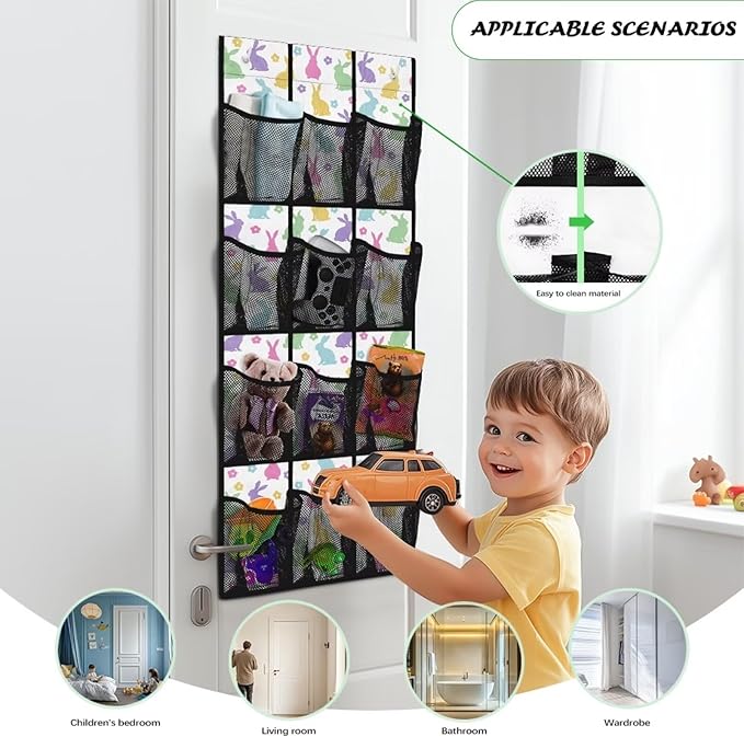 12-Pocket Space Saving Door Organizer, Over the Door Hanging Storage Bag for Shoes Toys and Essentials for Bedroom, Closet or College Dorm, Coloured Cartoon Rabbit