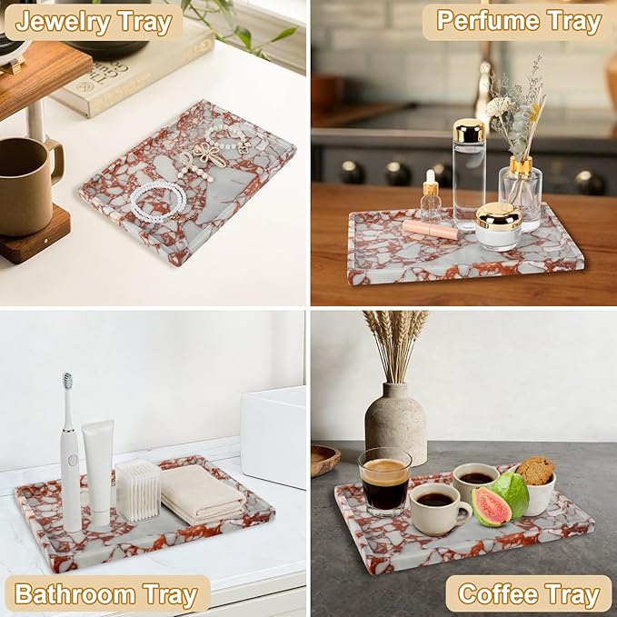 100% Natural Marble Vanity Tray - Real Stone Storage Organizer for Bathroom/Kitchen/Vanity/Dresser, Countertop Tray for Perfume, Jewelry, Home Decor, 11.8 x 7.8 x 0.7 Inch