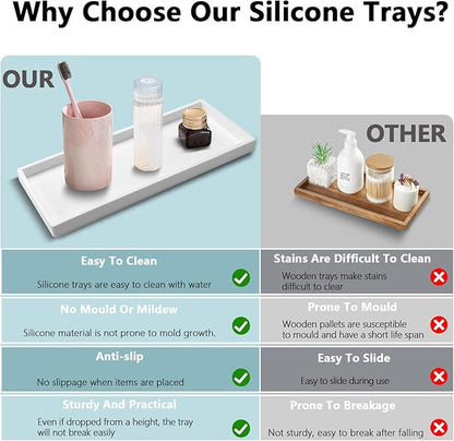 2 Pack Bathroom Tray Countertop, Large 12'' Shatterproof Silicone Vanity Tray Rectangular Toilet Tank Tray, Soap Dispenser Tray Sponge Holder for Kitchen Sink (White)