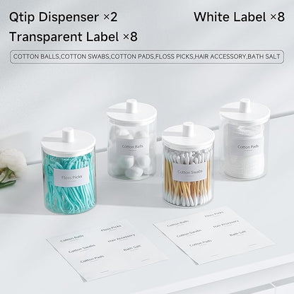 TIPGO Glass Qtip Holder Dispenser for Bathroom - 10 oz Clear Canister Apothecary Jar for Cotton Swabs, Balls, Pads, Floss Picks, Small Containers for Makeup Storage Organizer (2 Pack, White)