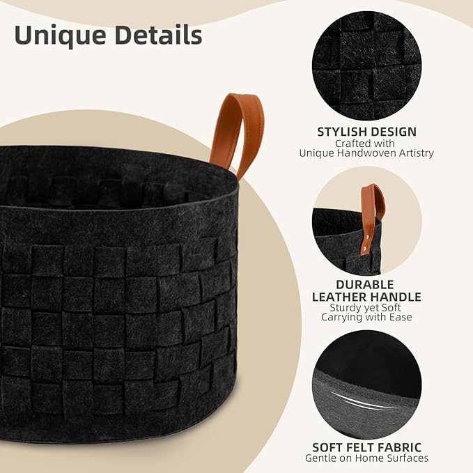 BOLDMONKEY Laundry Basket 20" x20 " x11.8 ", Large Round Blanket Basket with Leather Handle, Felt Storage Basket for Living Room, Nursery, Dog Toys-Dark Gray