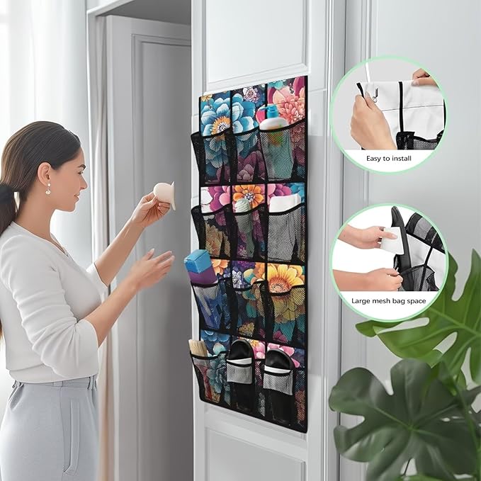 Bohemian Over the Door Organizer with 12 Mesh Pockets - Breathable Design for Bath Towels, Toiletries, Makeup (Waterproof Lining)