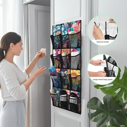 Bohemian Over the Door Organizer with 12 Mesh Pockets - Breathable Design for Bath Towels, Toiletries, Makeup (Waterproof Lining)