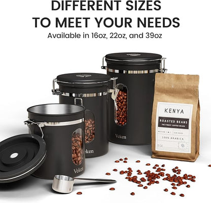 Veken Coffee Canister with Window, Family Choice Awards Winner, Airtight Stainless Steel Home Kitchen Food Storage Container with Lids for Grounds, Beans, Tea, Flour,Cereal,Sugar Jars,Scoop,16OZ,Black