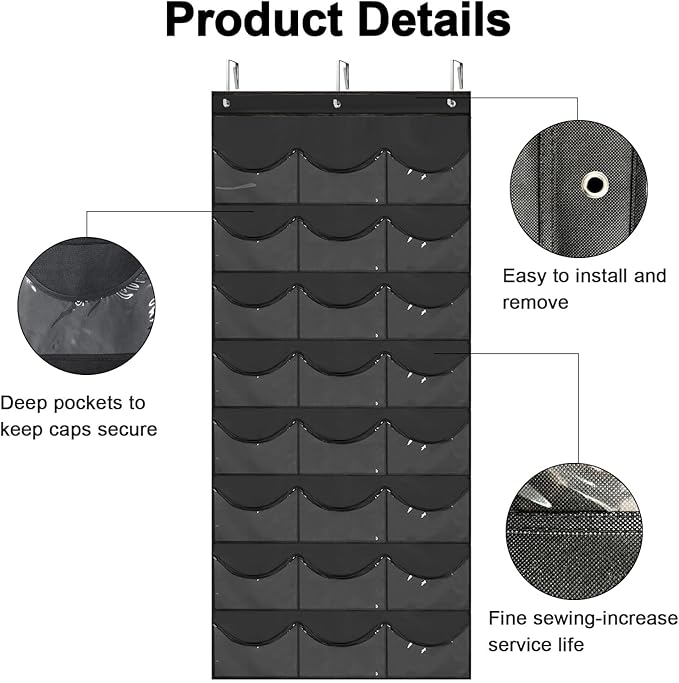 BiCINE Hat Rack for Baseball Caps, 24 Pocket Over the Door Hat Organizer with 3 Hooks, Hat Holder for Door with Large Clear Pockets, Hat Storage to Protect and Display, Black - 1 Pack