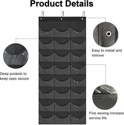 BiCINE Hat Rack for Baseball Caps, 24 Pocket Over the Door Hat Organizer with 3 Hooks, Hat Holder for Door with Large Clear Pockets, Hat Storage to Protect and Display, Black - 1 Pack