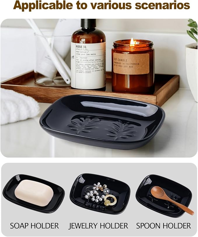 Ceramic Soap Dish for Bathroom and Kitchen, Non-Slip Bar Soap Holder with Fast Drain Design, Soap Saver Tray for Sink, Black