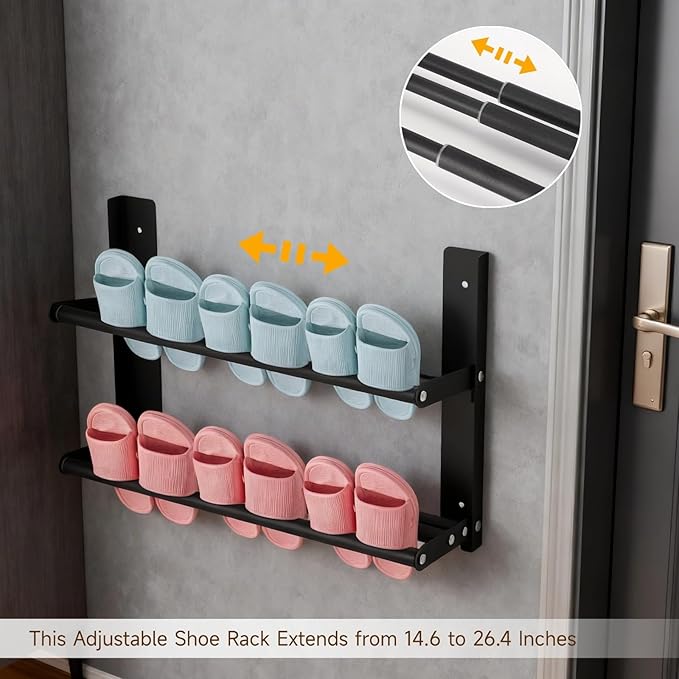 2 Pcs Wall Mounted Expandable Hanging Shoe Rack 14.6-26.4 in, Foldable Metal Space Saving Organizer with Nail-Free Stickers, No-Drill Installation, Black