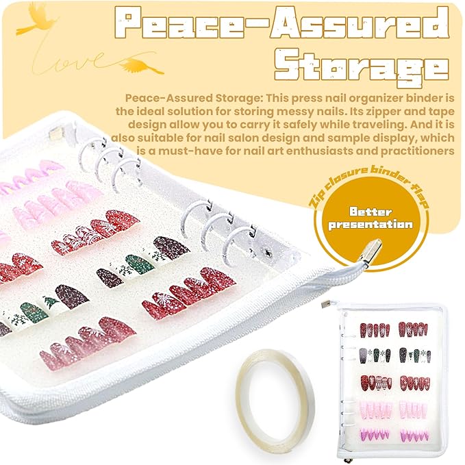 Press On Nail Storage Organizer with 4 Insert Pages - A5 Size Portable False Nail Storage Box for Collecting and Organizing Tips with Tape and Zipper Pocket (White)