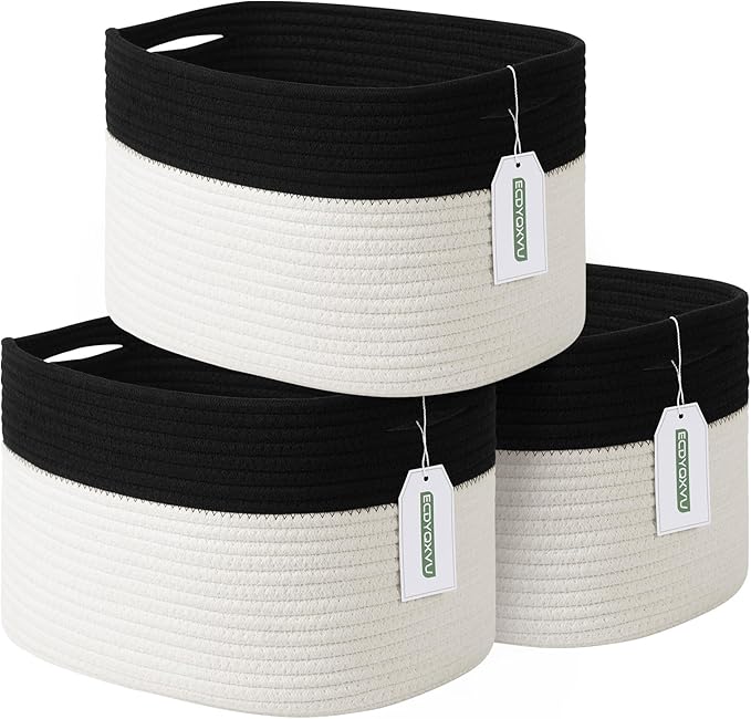 ECDYQXVU Cotton Rope Storage Basket, 15x10x9 Inches, Woven Basket for Shelves, Clothes, Towels, Books, and Laundry, Black/ White (3 Pack)