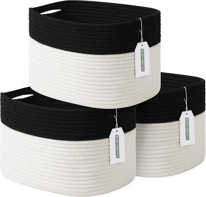 ECDYQXVU Cotton Rope Storage Basket, 15x10x9 Inches, Woven Basket for Shelves, Clothes, Towels, Books, and Laundry, Black/ White (3 Pack)