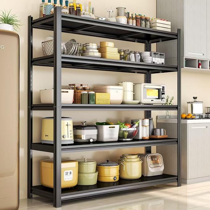 5-Tier Kitchen Shelving, Kitchen Storage Organization Metal Shelves Loads 2000LBS, Pantry Shelving Unit, Racks for Storage, Coffee Machine Storage Shelf Stand, Black