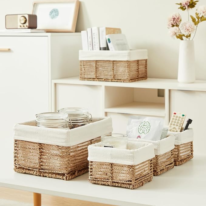 Vagusicc Wicker Storage Basket, 5 Pack Baskets for Organizing, Seagrass Storage Baskets, Rectangular Wicker Baskets for Storage Shelves, Cube Storage Bins For Closet/Clothes/Dresser