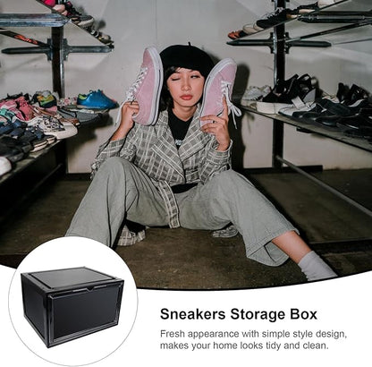 SOLUSTRE Basketball Shoes Storage Box with Magnetic Side Opening Black Plastic Shoe Organizer Container Dustproof and Moisture Resistant for Sneakers and Athletic Footwear