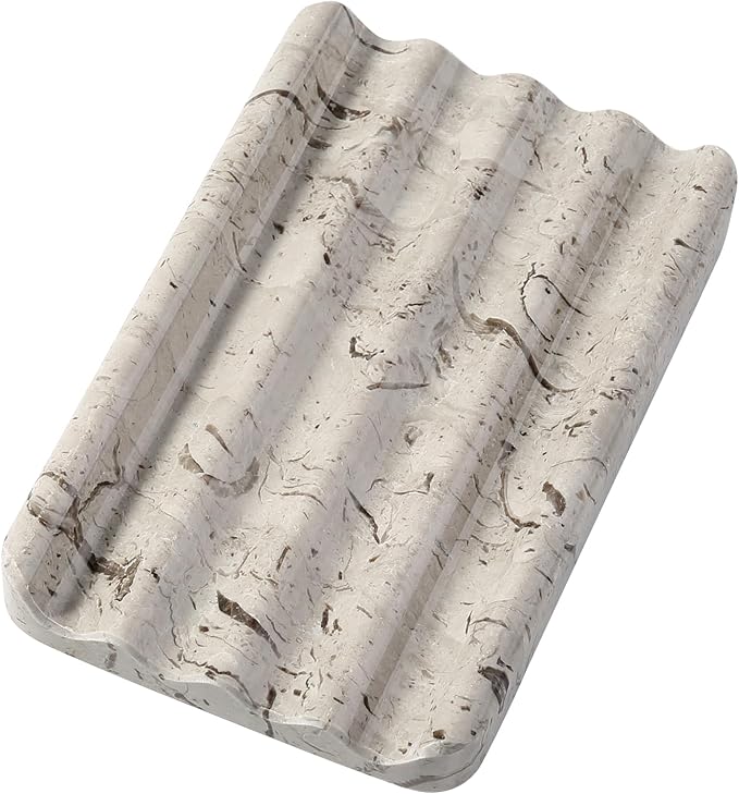Koville Natural Grey Marble Soap Dish for Shower, Stone Soap Tray for Bathroom, Gray Bar Soap Holder for Sink, Stripe Grooves Soap Saver Stone Dish Keep Bars Dry Easy Clean