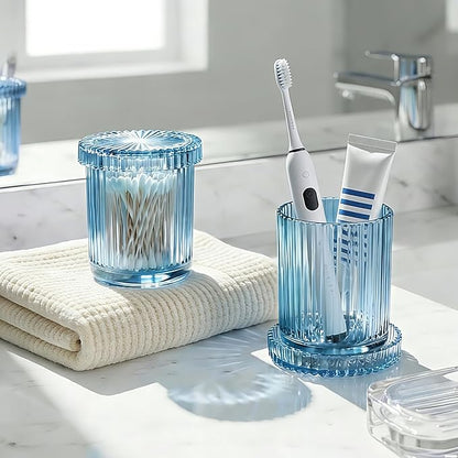 2 Pack Glass Qtip Holder Dispenser Set - Bathroom Organizer for Cotton Swabs, Balls, Pads, Floss Picks - Clear Apothecary Jars for Vanity, Makeup Storage, Bathroom Accessories Decor (Blue)