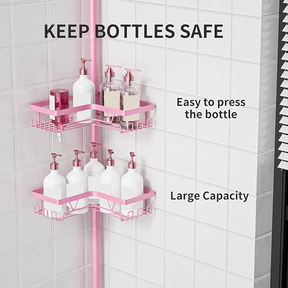 KEGII Shower Caddy Tension Pole, 4-Tier Rustproof Adjustable Corner Bathroom Organizer for Renters, 25–114.2 Inch No Drill Space-Saving Shower Storage Rack, Pink