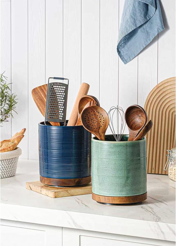 Utensil Holder, 360° Rotating Extra Large Ceramic Kitchen Utensil Holder for Countertop, 7.3“ Cooking Utensil Crocks for Kitchen Counter with Rotatable Wooden Base, Farmhouse Decor, Dark Blue