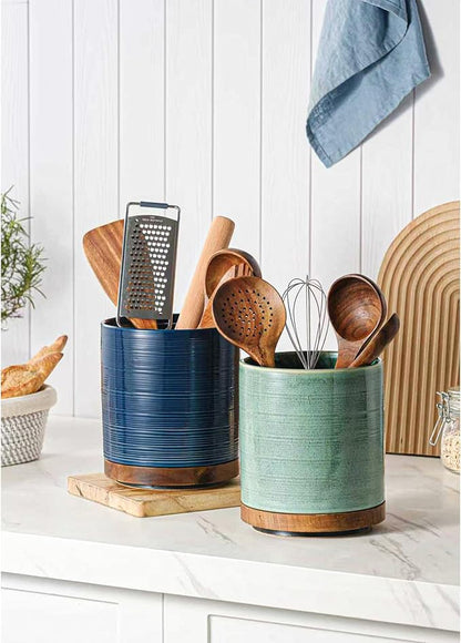 Utensil Holder, 360° Rotating Extra Large Ceramic Kitchen Utensil Holder for Countertop, 7.3“ Cooking Utensil Crocks for Kitchen Counter with Rotatable Wooden Base, Farmhouse Decor, Dark Blue