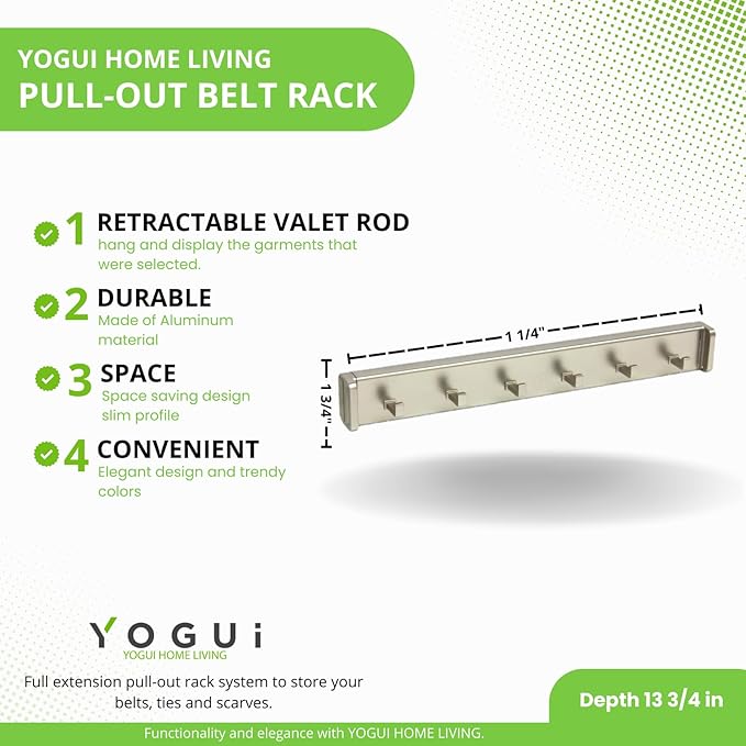 Design-R Pull-Out Belt Rack for Belts, Ties and Scarves, Accessories Storage Hanger with Mounting Hardware (Matte Nickel)