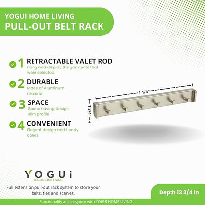 Design-R Pull-Out Belt Rack for Belts, Ties and Scarves, Accessories Storage Hanger with Mounting Hardware (Matte Nickel)