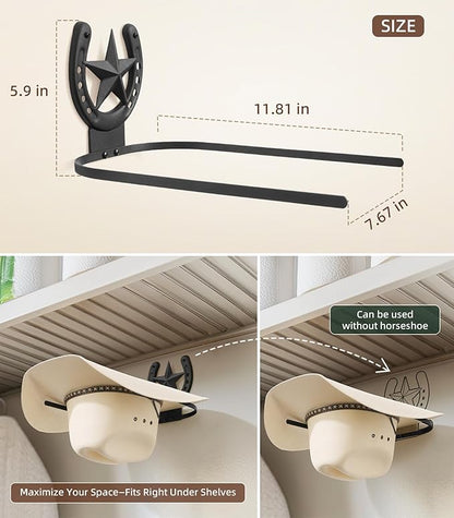 Cowboy Hat Holder Wall Mount for Wide Brim Hats Rustic Horseshoe Hooks with Texas Star Metal Hat Hanger Organizer for Closet Horse Trailer Entryway Bedroom Barn Farmhouse Western Decor, 4 Pack, Black
