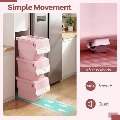 Giantex Plastic Stackable Storage Bins with Lids & Wheels, 3 Pack Open Front Stacking Bins, Organizer Bins for Pantry, Kitchen, Laundry, Closet, Playroom, Bedroom Organization (12.5 QT)