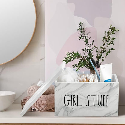 Tampon Holder for Bathroom with Movable Dividers Shark Tampon Storage Container Week with Lid Farmhouse Pad Container Box Feminine Product Organizer Girl Stuff Box for Bathroom(Marble Style)