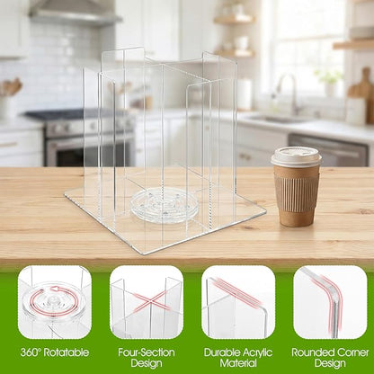 Cup and Lid Holder, 4-Compartment Clear Acrylic Cup Dispenser Lid Carousel - Countertop Coffee Cups Organizer for Restaurant, Buffet, Coffee Station, Bar, Square | Rotating